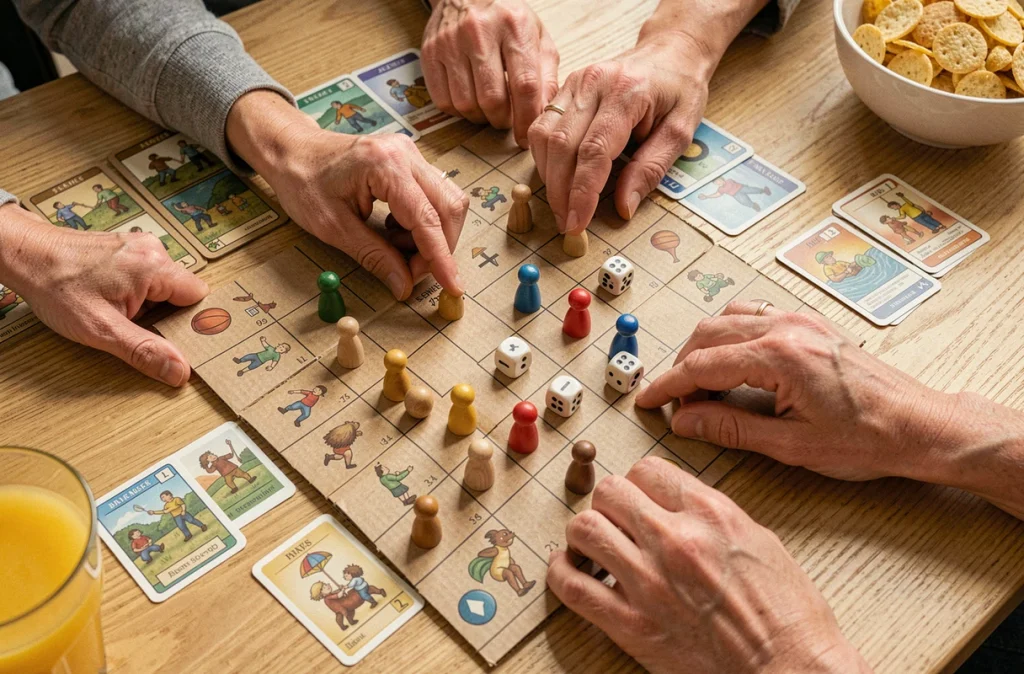 Gros plan sur des mains de joueurs autour d'un plateau de jeu avec des pions en bois et des dés