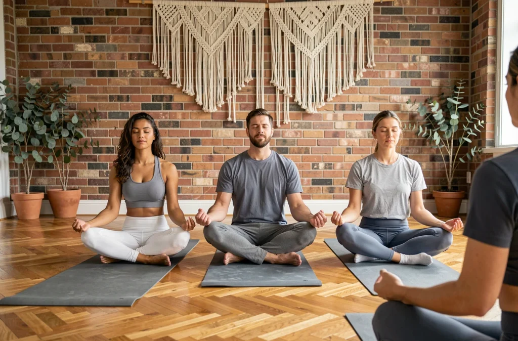 Groupe d'adultes pratiquant la méditation guidée dans un studio de bien-être pour la gestion du stress