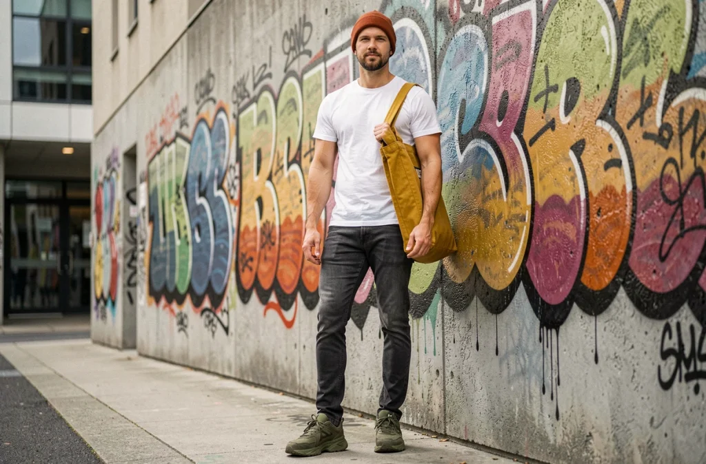 Homme en tenue urbaine neutre avec accessoires colorés jaune moutarde et terracotta contre un mur de béton