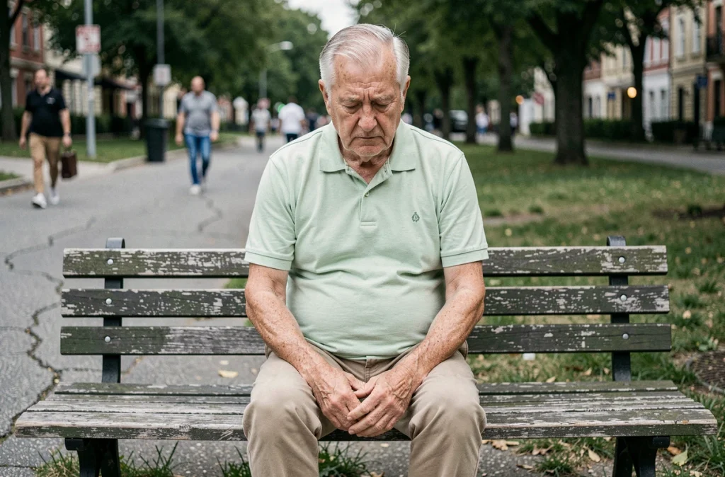 Homme âgé assis immobile sur un banc de parc, illustrant les risques cardiovasculaires liés à l'inactivité physique et à la sédentarité