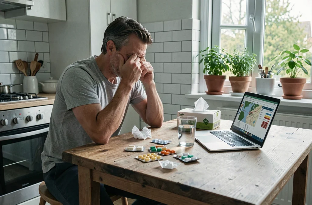 Homme allergique assis à la cuisine avec médicaments antihistaminiques et mouchoirs en papier au printemps