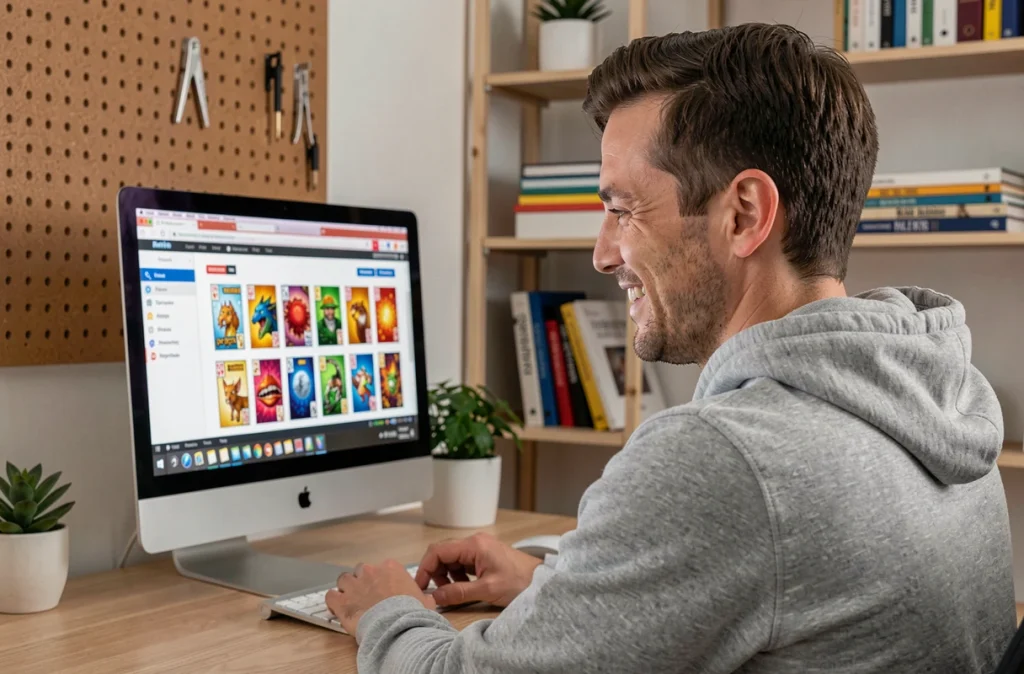 Homme jouant à la belote gratuite en ligne sur ordinateur depuis son bureau à domicile