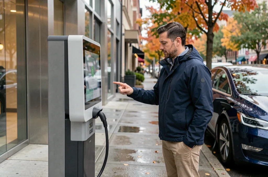 Homme utilisant une borne de recharge rapide pour voiture électrique en ville