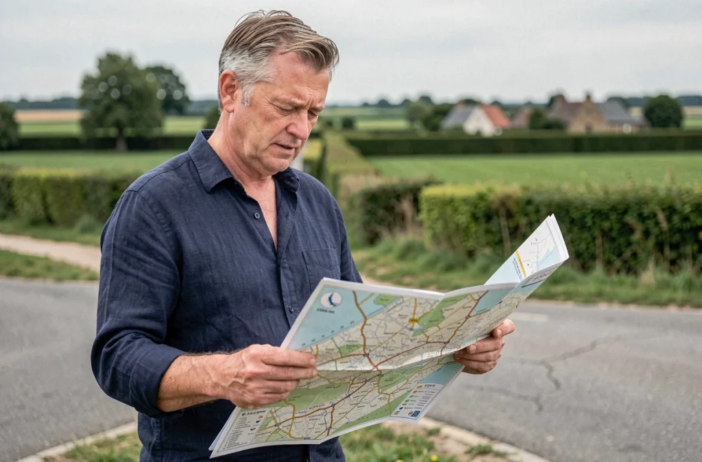 Homme consultant une carte routière du département de l'Orne à un carrefour en campagne normande