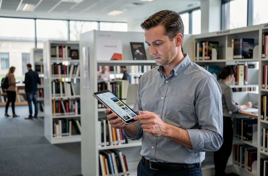 Homme consultant un catalogue numérique de médias sur tablette dans une bibliothèque publique moderne