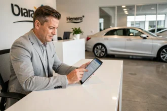 Homme consultant un contrat de location longue durée sur une tablette dans un showroom automobile moderne