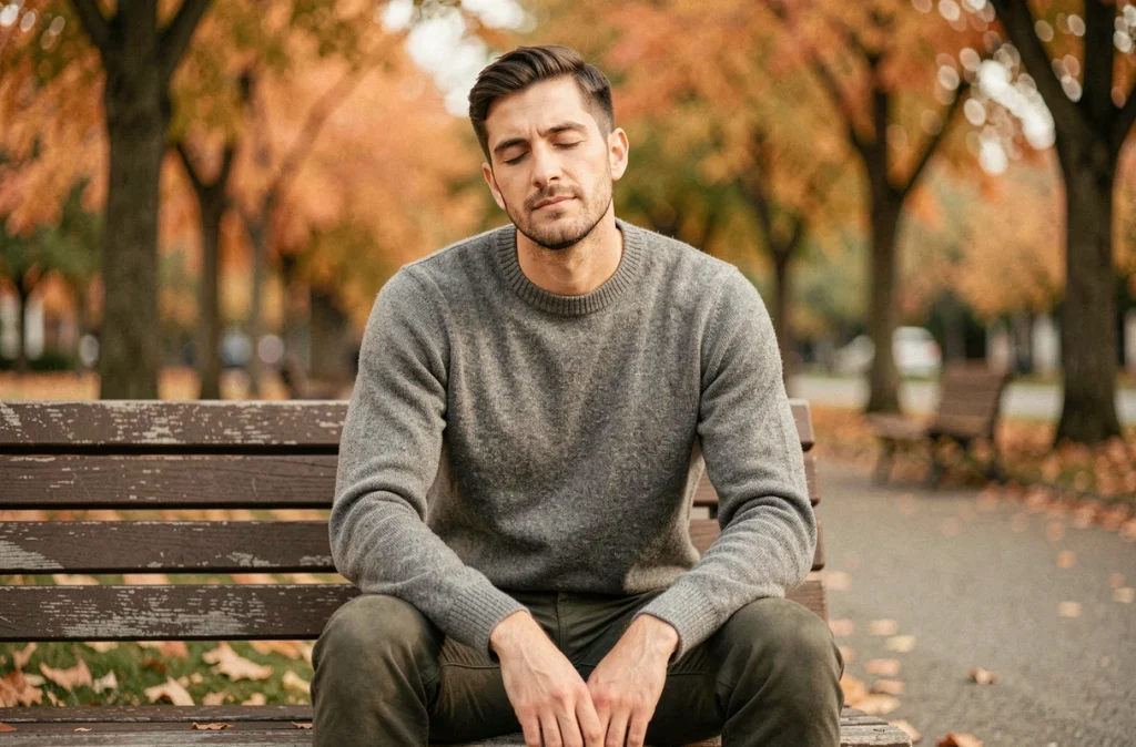 Homme méditant sur un banc dans un parc urbain en automne pour réduire le stress quotidien