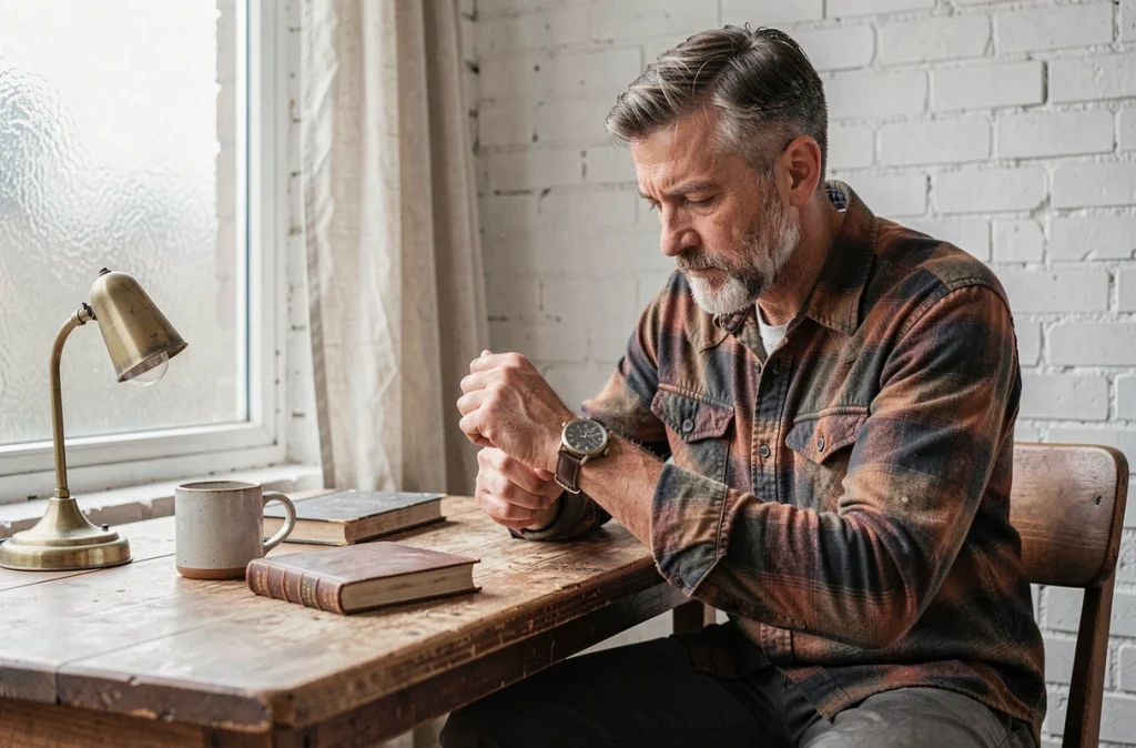 Homme inspectant une montre vintage achetée en seconde main dans un appartement urbain
