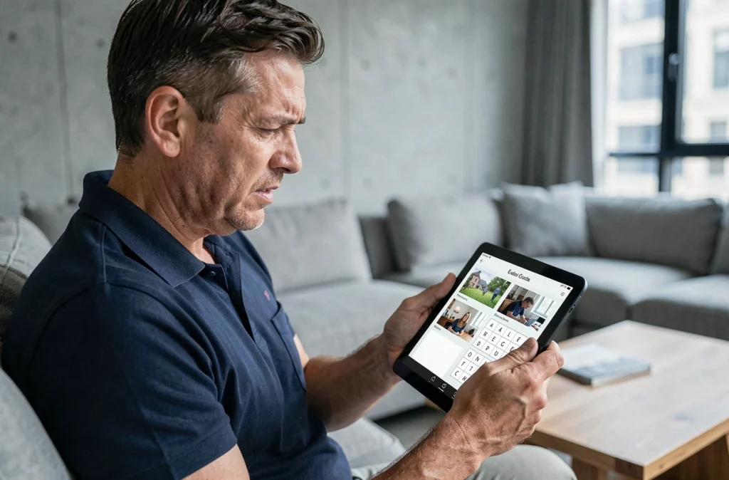Homme adulte résolvant un mot de 9 lettres dans le jeu 4 images 1 mot sur tablette dans un salon moderne