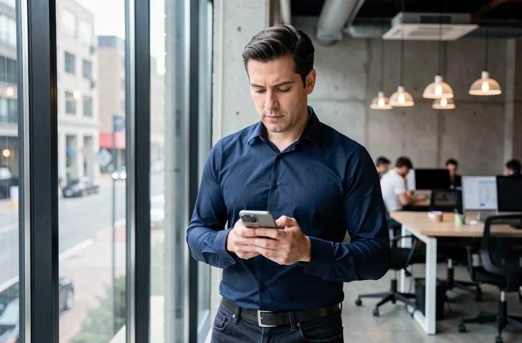 Homme consultant l'application Rabbit Findr sur mobile dans un espace de coworking contemporain