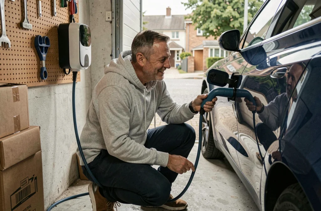 Homme branchant une borne de recharge murale à une voiture électrique dans un garage privé