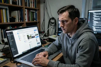 Homme consultant un site de téléchargement sur son ordinateur portable dans un bureau à domicile encombré