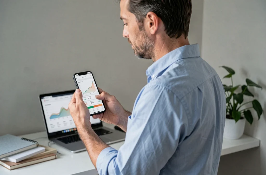 Homme consultant le tableau de bord d'une application de budget familial sur son smartphone dans un bureau à domicile