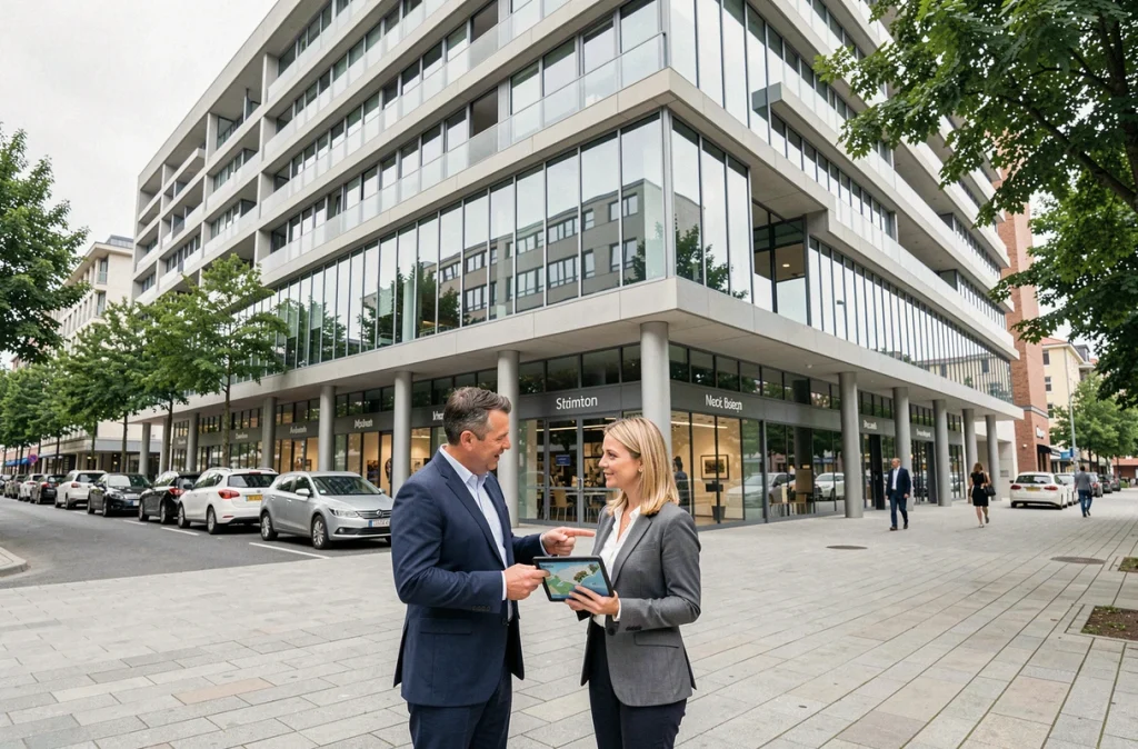 Immeuble commercial moderne représentant un actif immobilier typique détenu dans une SCPI de diversification patrimoniale