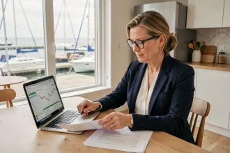 Investisseuse immobilière analysant les revenus d'une location saisonnière dans un appartement côtier moderne