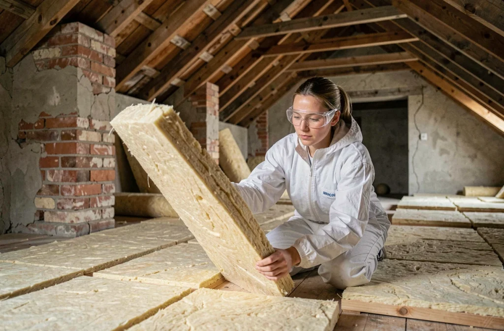 Technicienne posant de la laine minérale dans les combles d'un immeuble ancien lors de travaux de rénovation énergétique