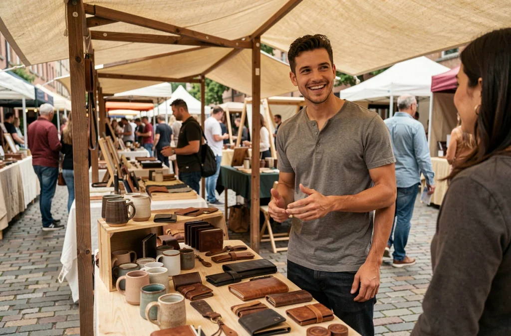 Jeune entrepreneur masculin vendant des créations artisanales sur un marché en plein air grâce au financement par microcrédit