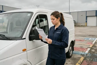 Jeune femme entrepreneur inspectant un utilitaire d'occasion blanc dans une zone industrielle urbaine