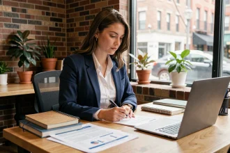 Jeune femme entrepreneur qui examine des documents financiers dans un espace de coworking moderne pour illustrer le microcrédit