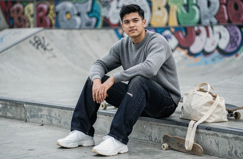 Jeune homme en jean oversize indigo et pull gris assis sur des marches urbaines avec un skateboard