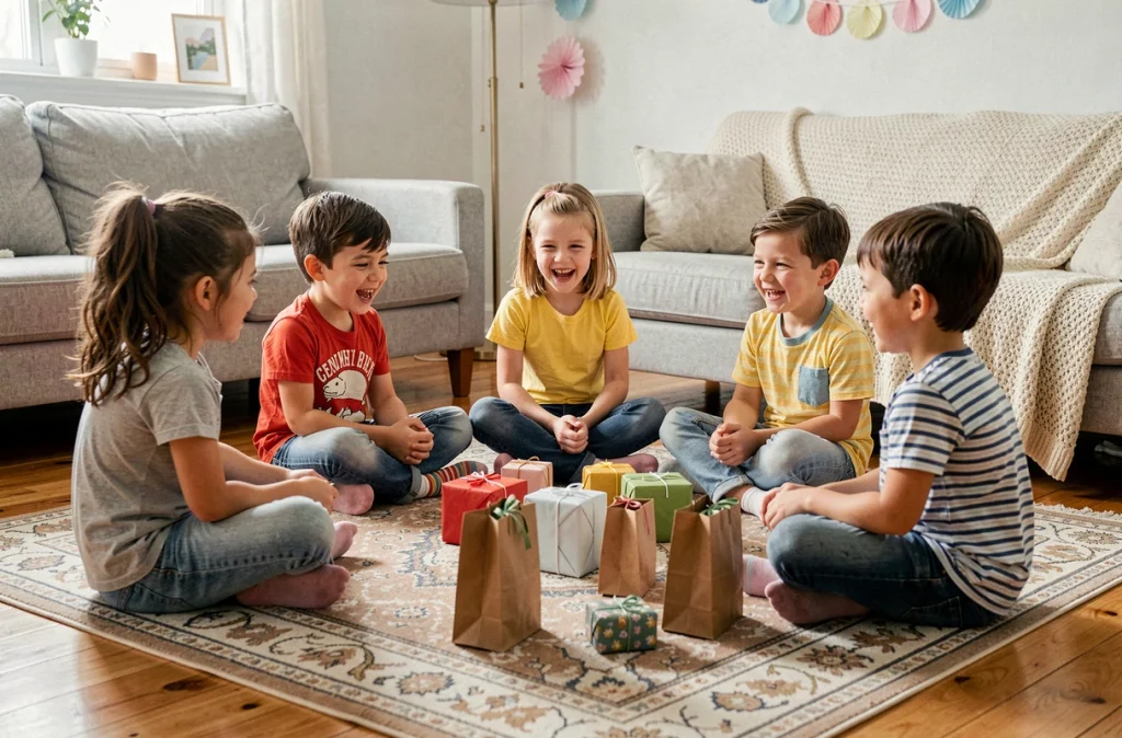 Groupe d'enfants jouant à un jeu d'anniversaire maison sur un tapis de salon lors d'une fête détendue et sans stress