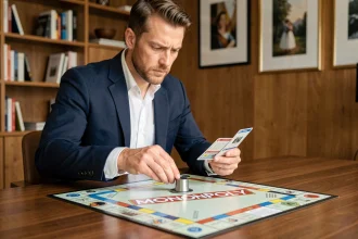 Homme adulte jouant au Monopoly avec concentration, tentant d'accéder au Club de Magnat