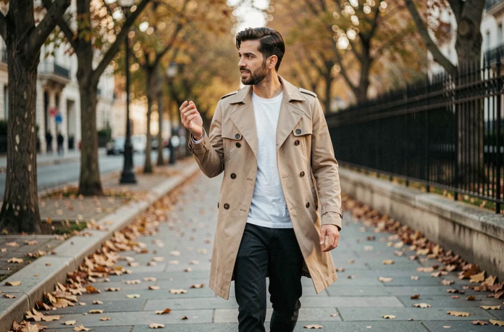 Jeune homme en imperméable beige marchant sur un trottoir parisien en automne, illustrant la discrétion médiatique d'un candidat TV