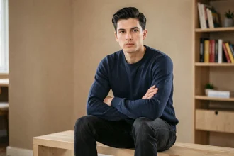 Candidat de télé-réalité protégeant sa vie privée, assis dans un appartement moderne avec une expression calme et réservée