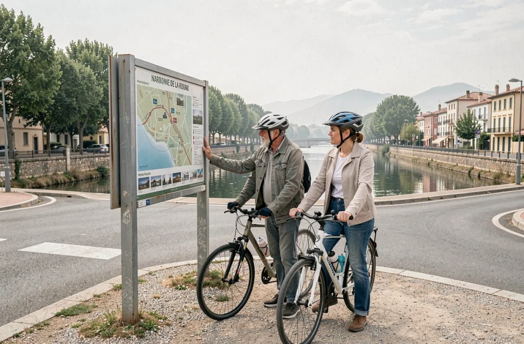 Deux cyclistes adultes consultant un panneau de signalisation cyclable à la jonction entre la piste des berges du canal de la Robine et une rue du centre-ville de Narbonne