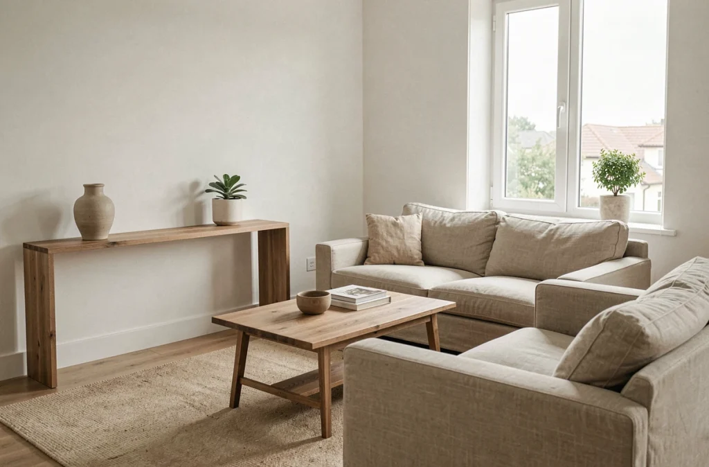 Salon minimaliste avec des surfaces horizontales volontairement limitées à quelques objets décoratifs pour prévenir l'accumulation du désordre au quotidien