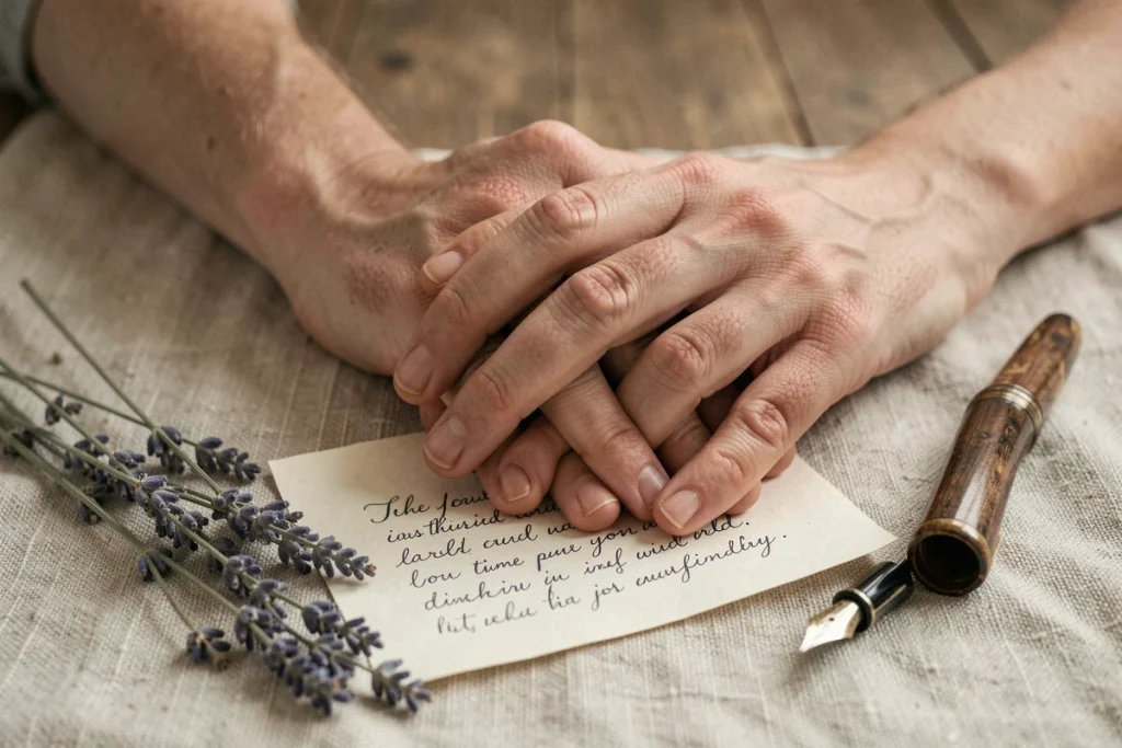 Mains enlacées d'un couple sur un poème d'amour manuscrit avec une plume et des fleurs séchées
