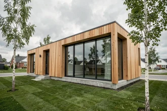 Maison modulaire moderne avec bardage en bois et grandes baies vitrées dans un quartier résidentiel