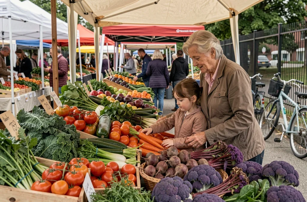 Une grand-mère et sa petite-fille choisissent des légumes frais ensemble sur un marché de producteurs en plein air