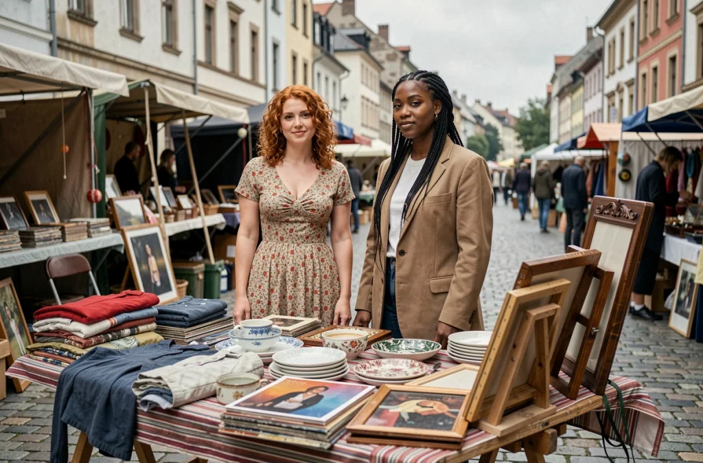 Deux femmes choisissant des objets et vêtements sur un marché aux puces en plein air
