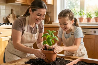 Une mère et sa fille plantent ensemble du basilic dans un pot en terre cuite sur une table de cuisine en bois
