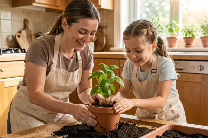 Une mère et sa fille plantent ensemble du basilic dans un pot en terre cuite sur une table de cuisine en bois
