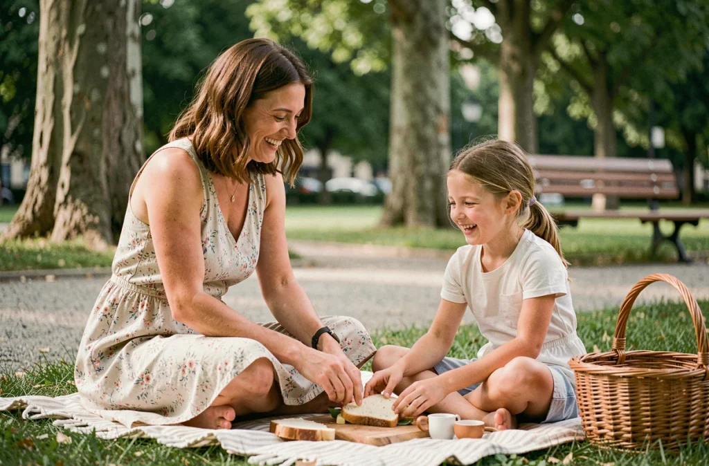 Mère et fille partageant un moment complice lors d'un pique-nique familial dans un parc urbain européen, préparant un sandwich ensemble sur une couverture