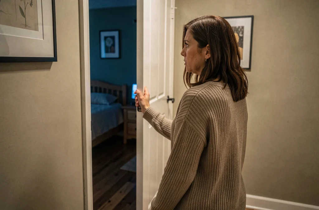 Mère inquiète ouvrant la porte de la chambre de son enfant la nuit, découvrant la lueur d'un écran dans l'obscurité, illustrant les préoccupations parentales liées aux écrans et au sommeil des enfants