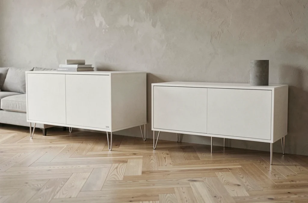 Meuble de rangement bas fermé sur pieds en métal dans un salon épuré, avec des portes laquées blanches dissimulant le contenu pour un intérieur invisible et ordonné