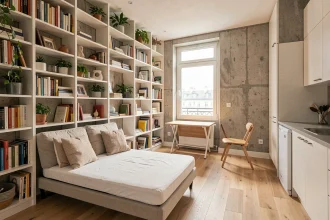 Petit appartement parisien optimisé avec rangements verticaux, bibliothèque murale et table pliante pour gagner de l'espace