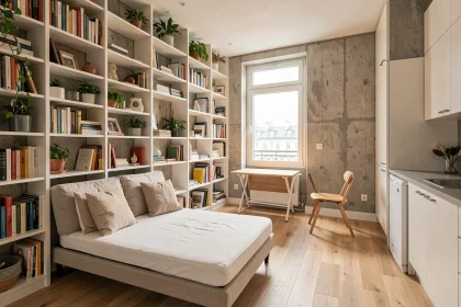 Petit appartement parisien optimisé avec rangements verticaux, bibliothèque murale et table pliante pour gagner de l'espace