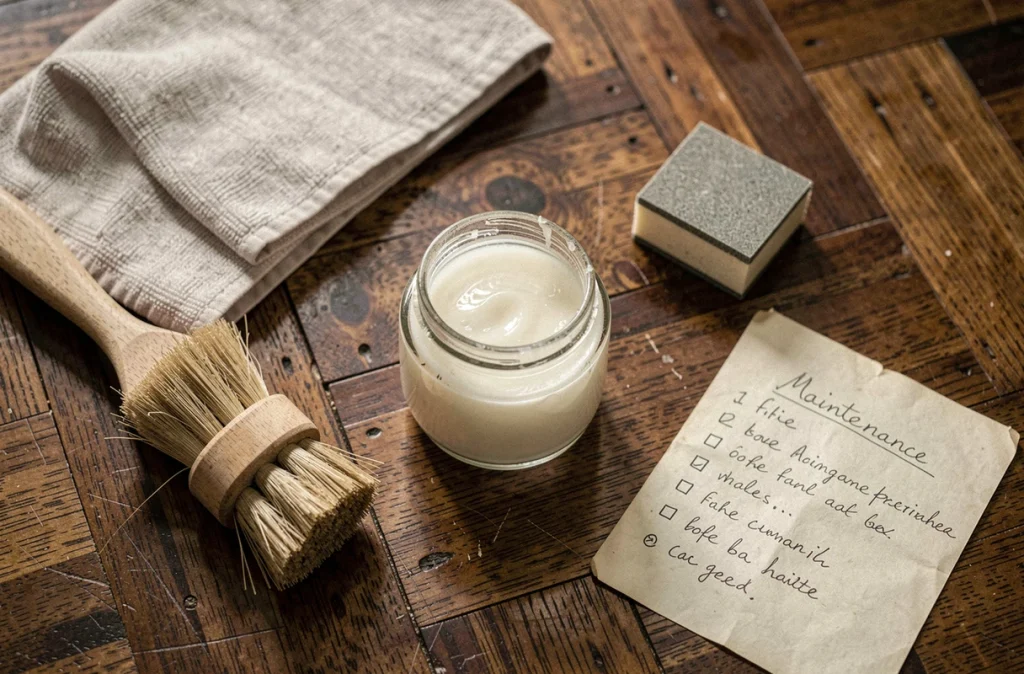Vue aérienne des outils d'entretien du parquet posés sur un plancher en noyer usé : cire, brosse, chiffon et checklist