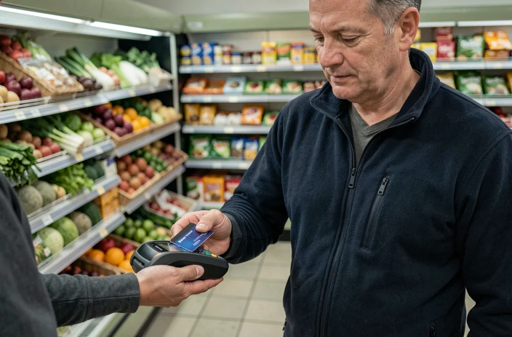 Homme payant sans contact par carte bancaire dans une épicerie de proximité