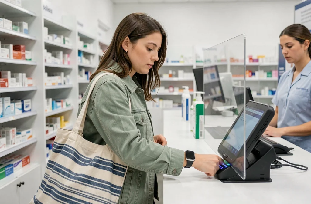 Paiement sans contact avec une montre connectée dans une pharmacie de quartier