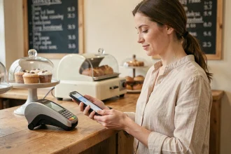 Femme effectuant un paiement sans contact avec son smartphone dans une boulangerie de quartier