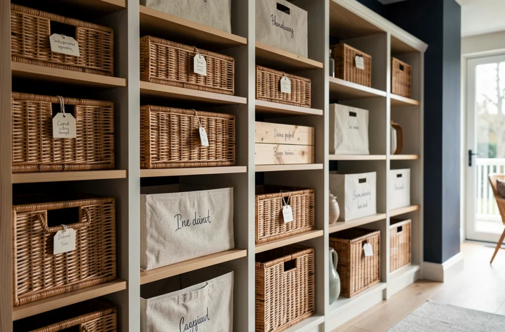 Étagères de salon avec paniers en rotin et boîtes de rangement en tissu intégrés dans les compartiments pour supprimer le désordre visible de manière esthétique