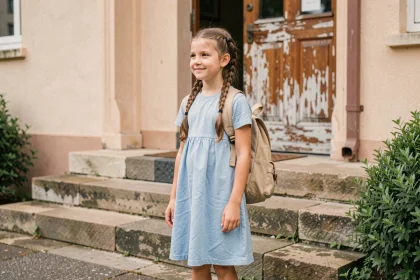 Petite fille souriante avec un sac à dos devant l'entrée de son école pour la rentrée scolaire