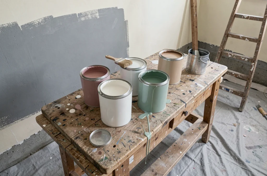 Pots de peinture ouverts avec palette de couleurs douces pour rénover une chambre