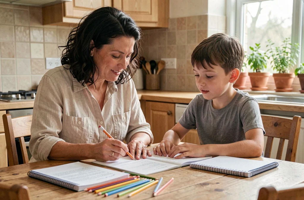 Mère et fils préparant ensemble la liste des fournitures scolaires à la maison avant la rentrée