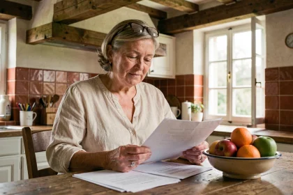 Femme senior confiante examinant des documents de viager dans sa maison de campagne française